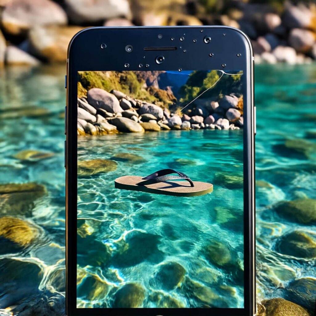 Cracked iPhone underwater, flip-flop drifts away.