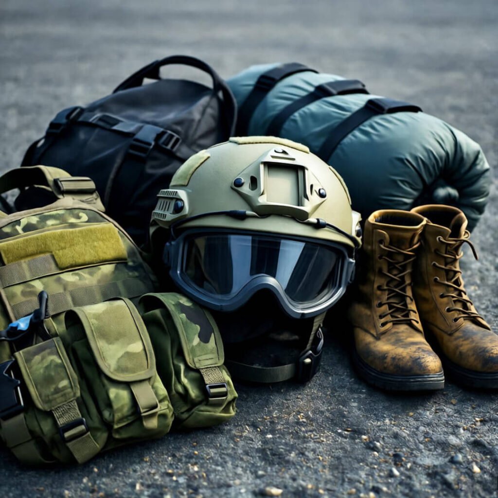 Cluttered skydiving gear on dusty tarmac.