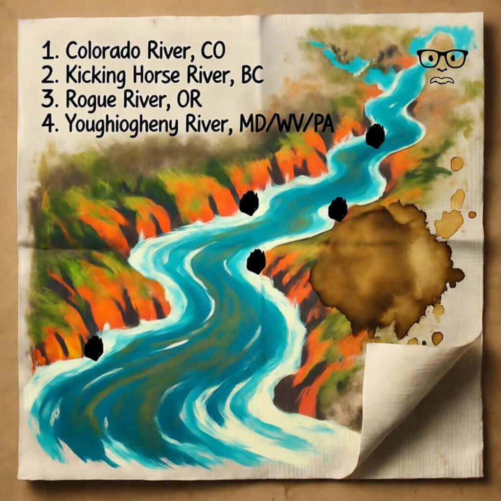 Messy map of top US whitewater rafting rivers, scribbled from my wipeouts.