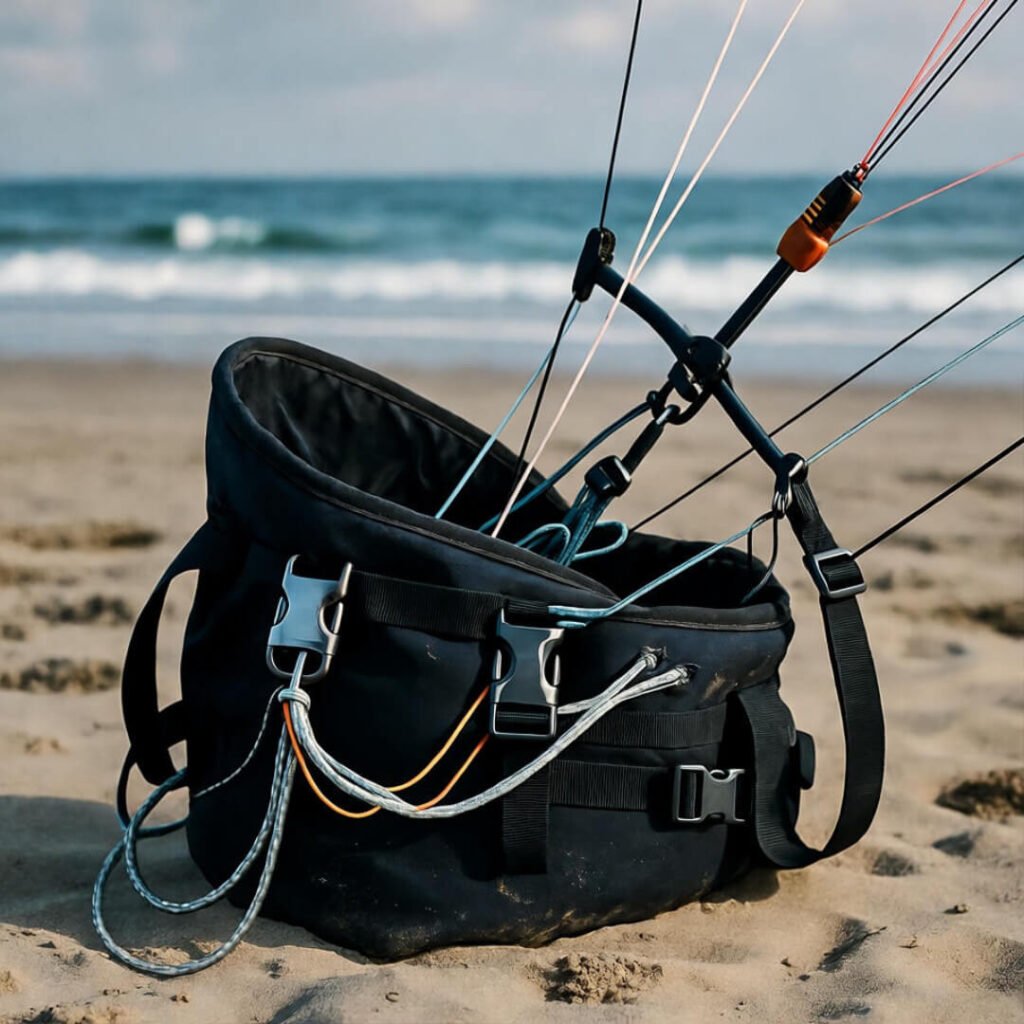 My chaotic kiteboarding gear sprawls on a gusty American shore.