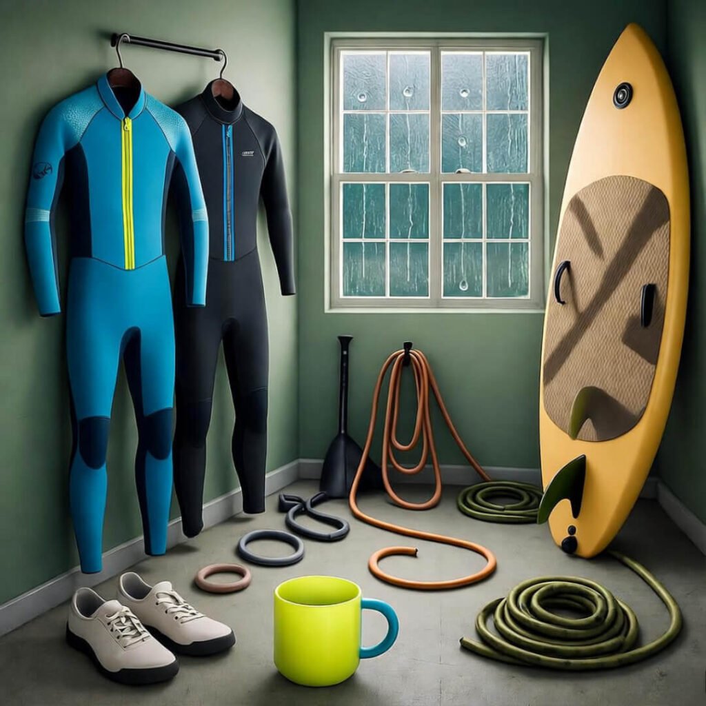 Wetsuits and boards in rainy garage, smiley ropes.