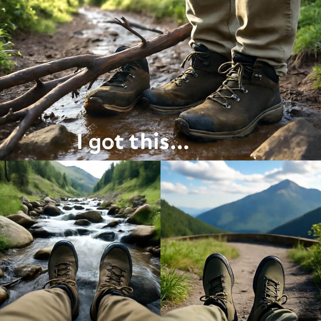 Muddy boots stuck in brutal trail.