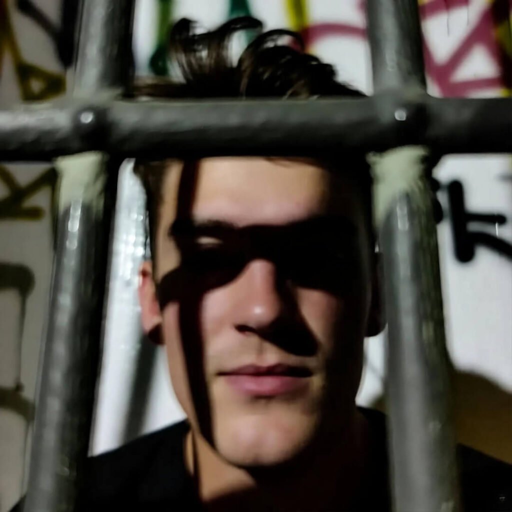 Shadowed face behind graffiti-scarred bars.