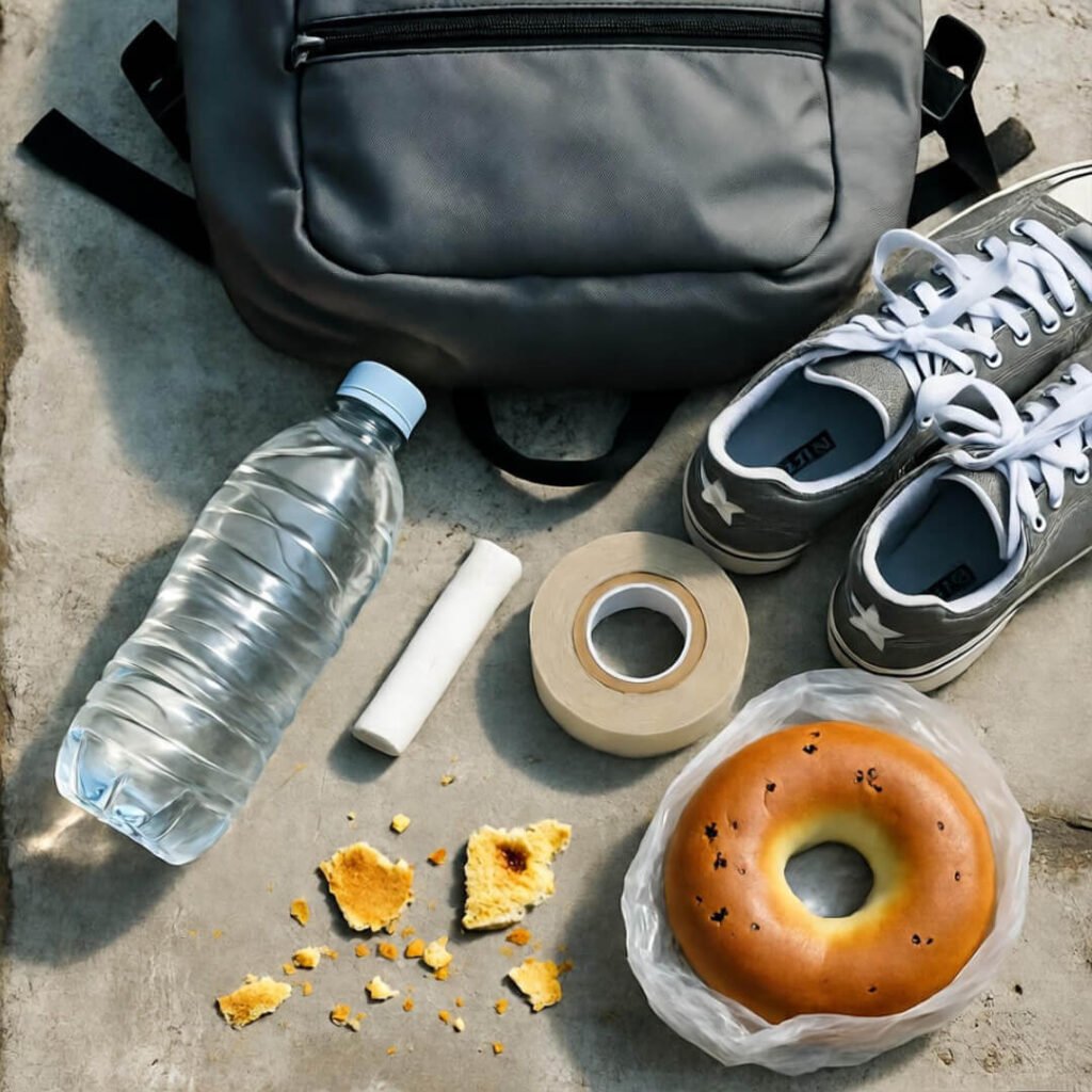 Exploded backpack, chalk dust, bagel mess.