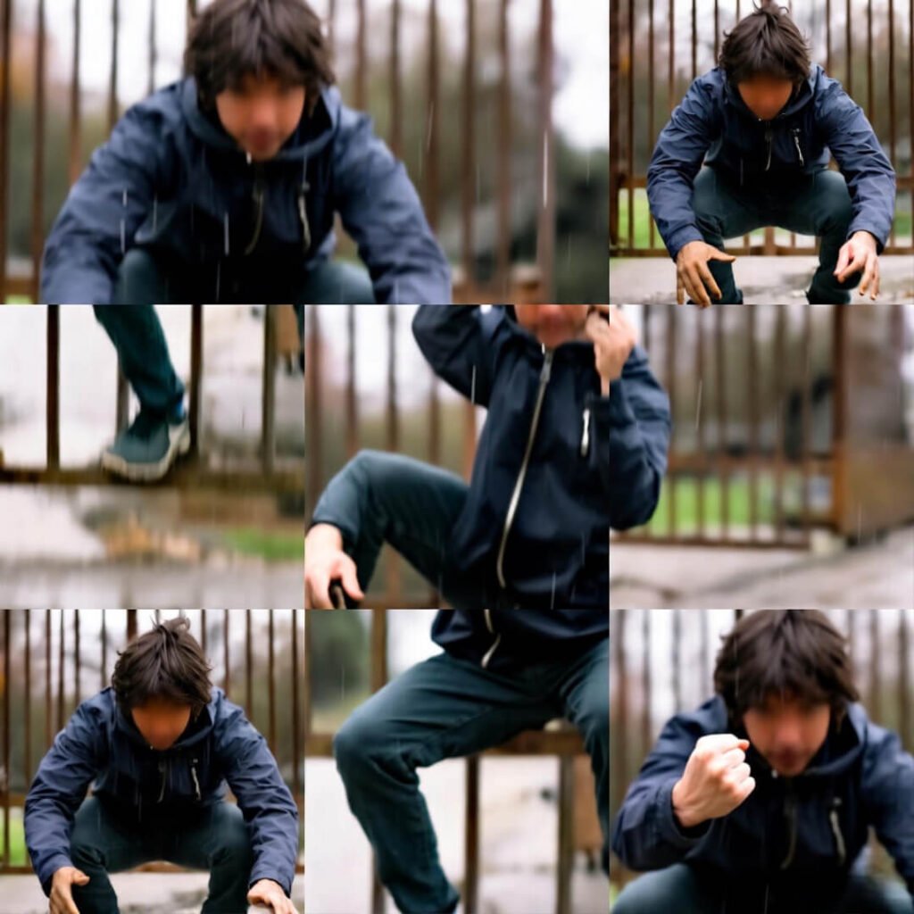 Blurry free running sequence over rusted gate.