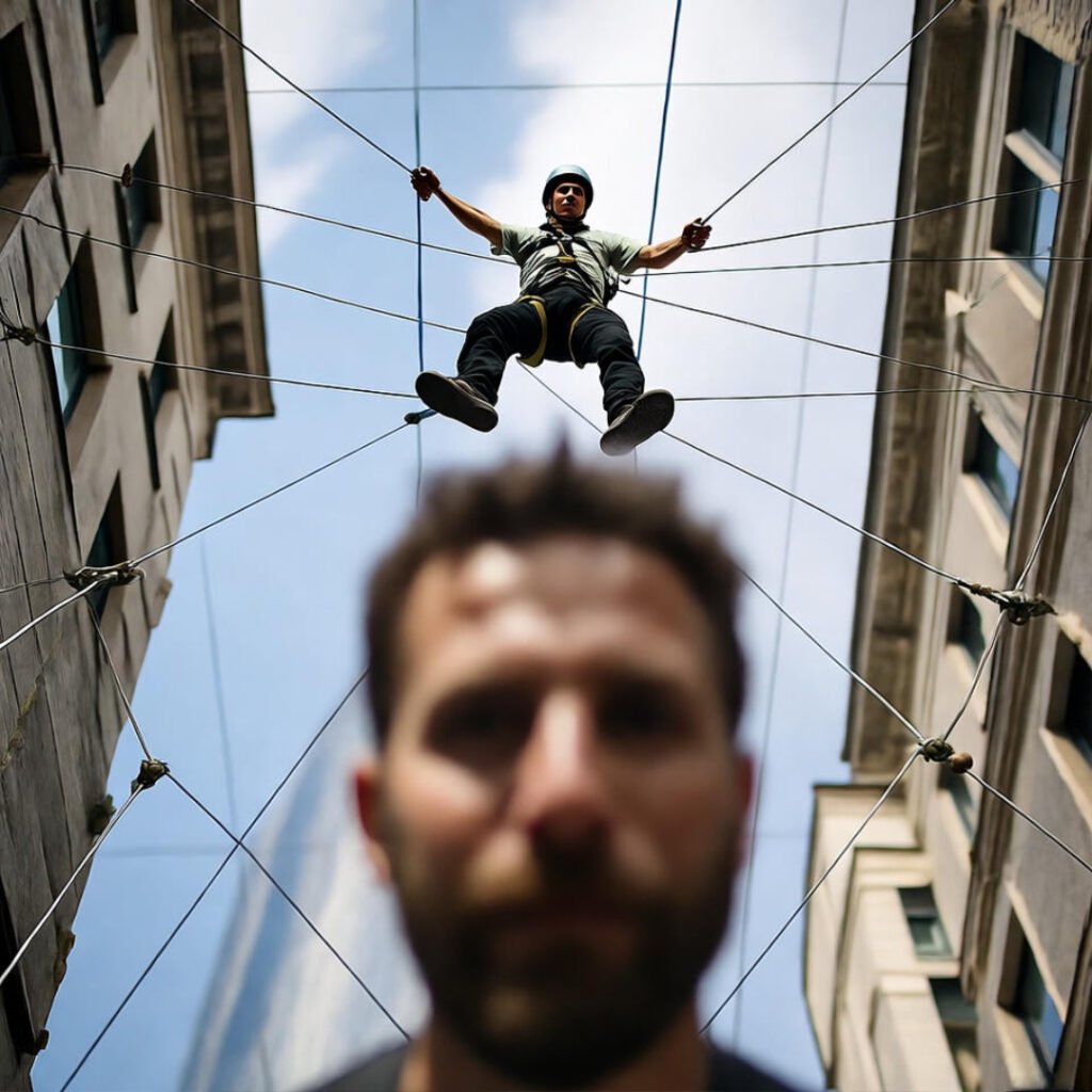 Low-angle selfie under wobbling slackliner.