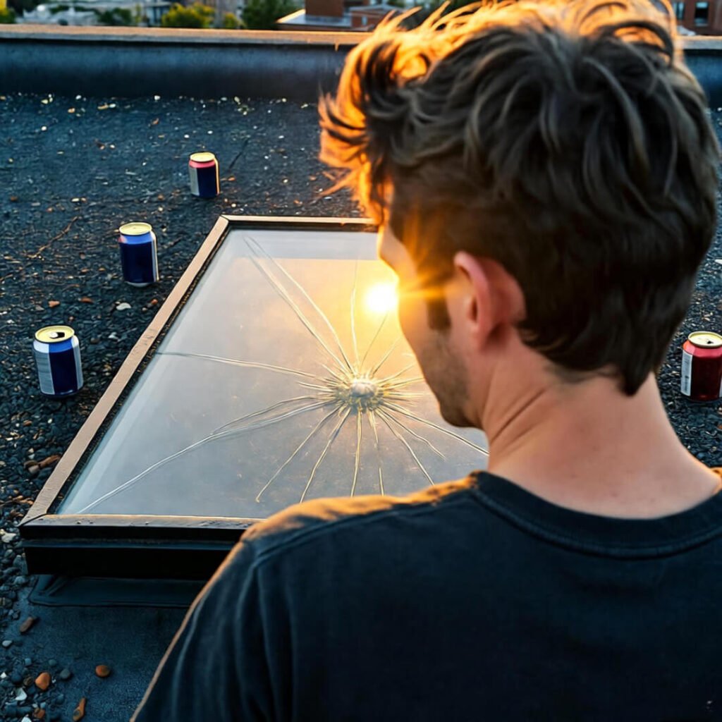 Sunset rooftop cracked skylight, beer cans.