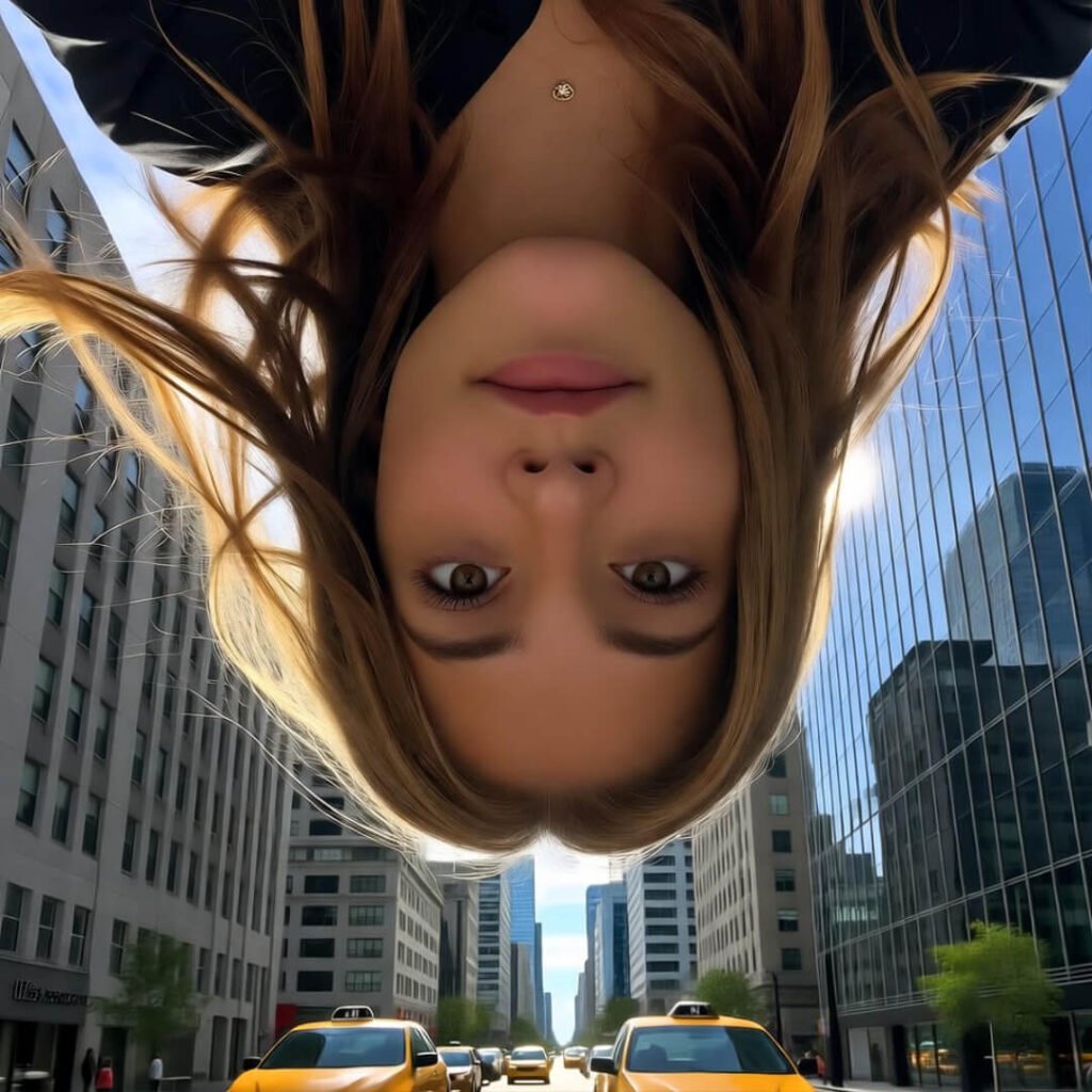 Upside-down selfie, 40-story drop, hair whipping.