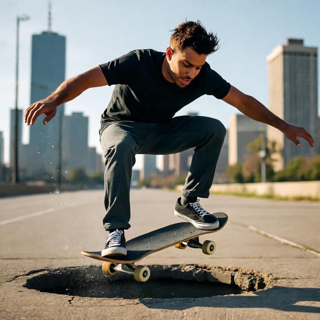 Blurry ollie over Chicago pothole, sweat flying.