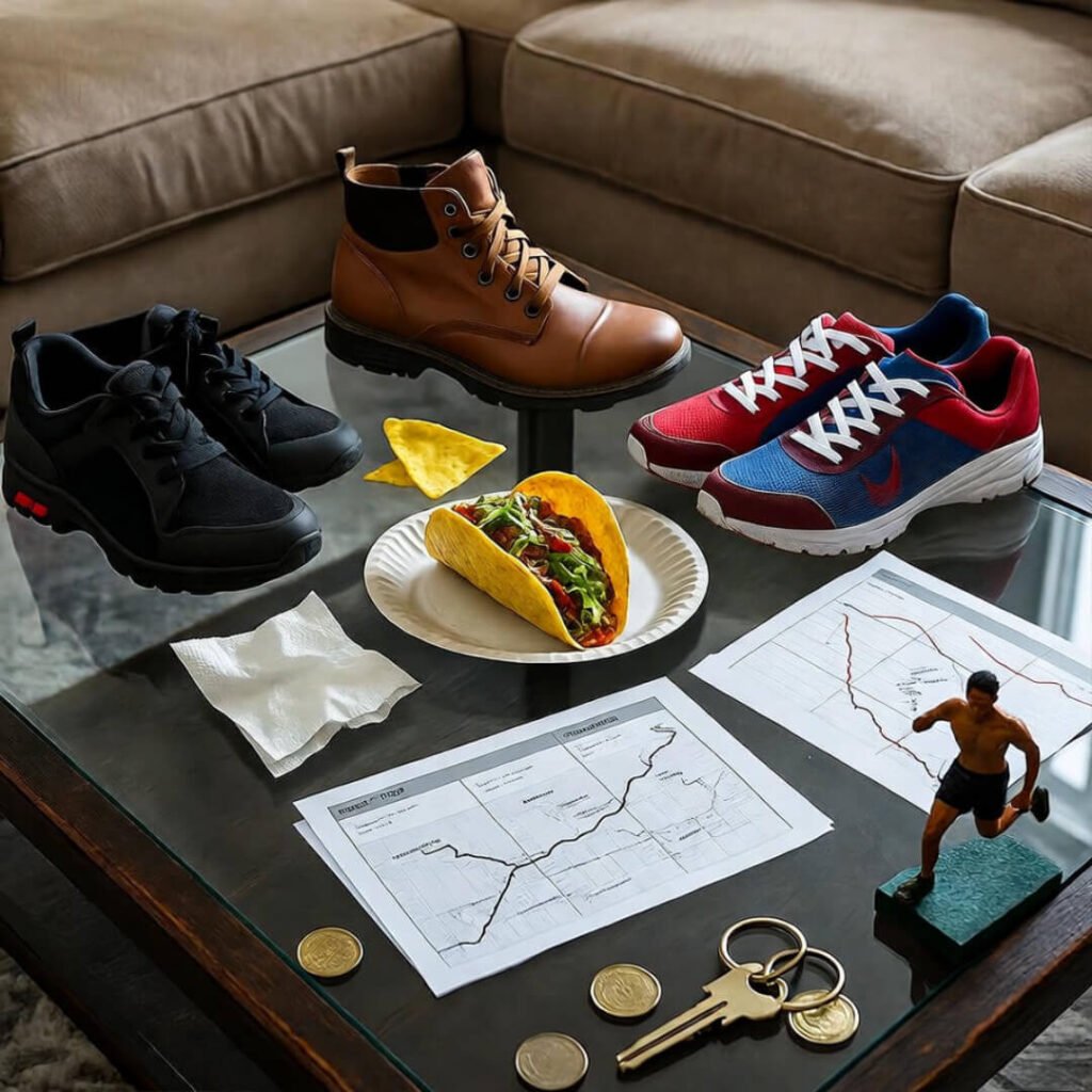 Messy gear table with taco, maps.