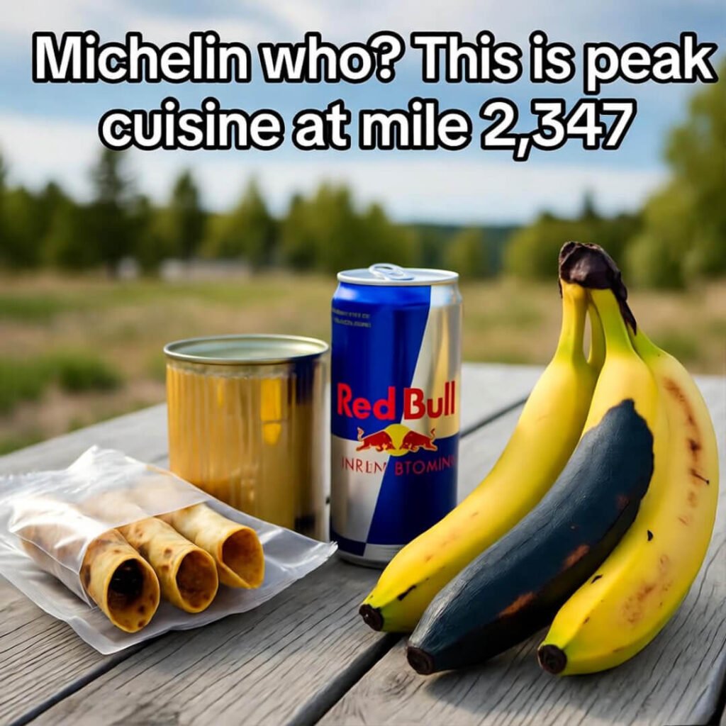 Sad picnic: taquitos, energy drink, bruised banana.