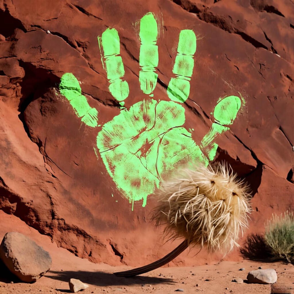 Neon chalk handprint on red rock.