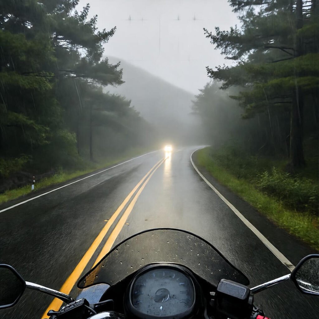 Rainy helmet view curves through foggy Dragon.