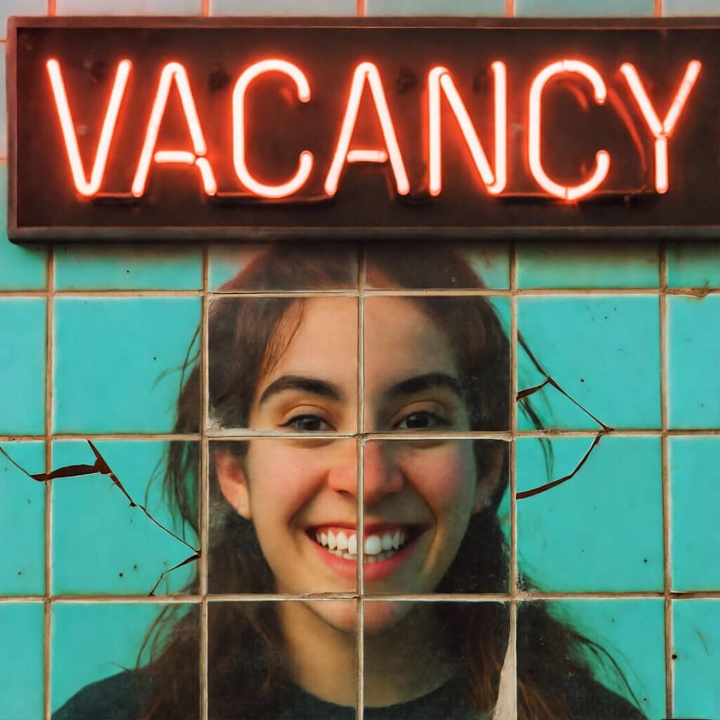 Warped grin reflects in cracked turquoise tiles.