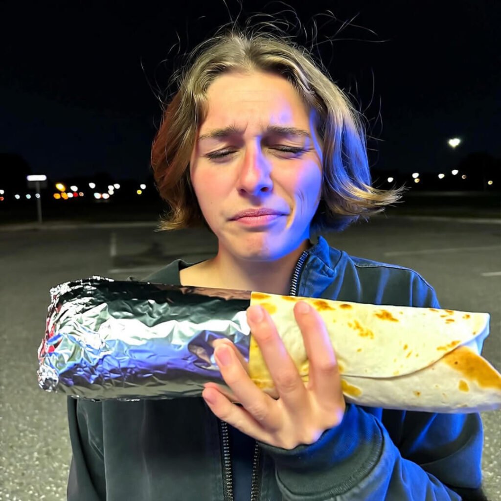 Squinting, burrito clutched, untied shoe glow.