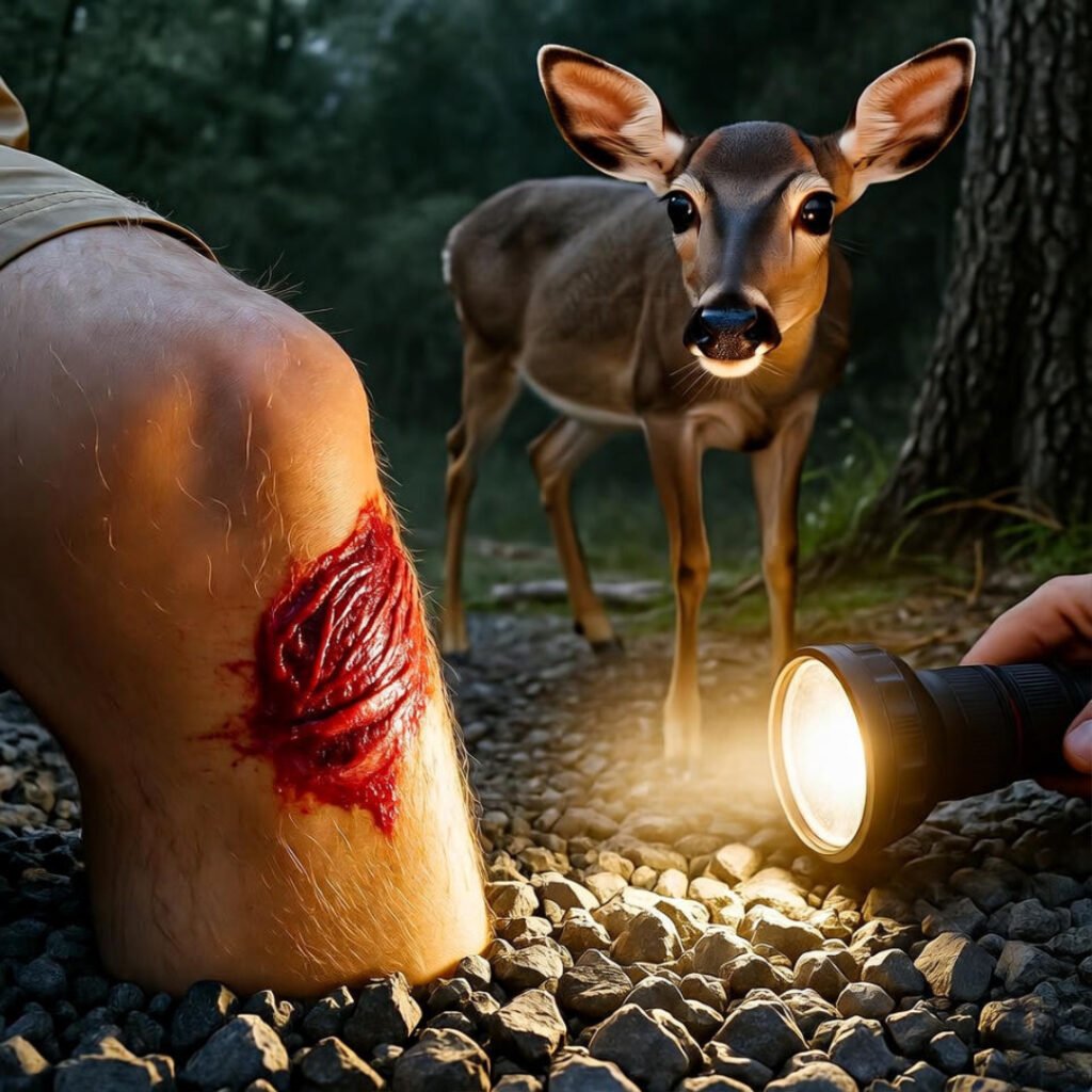 Scraped knee, deer in flashlight beam.