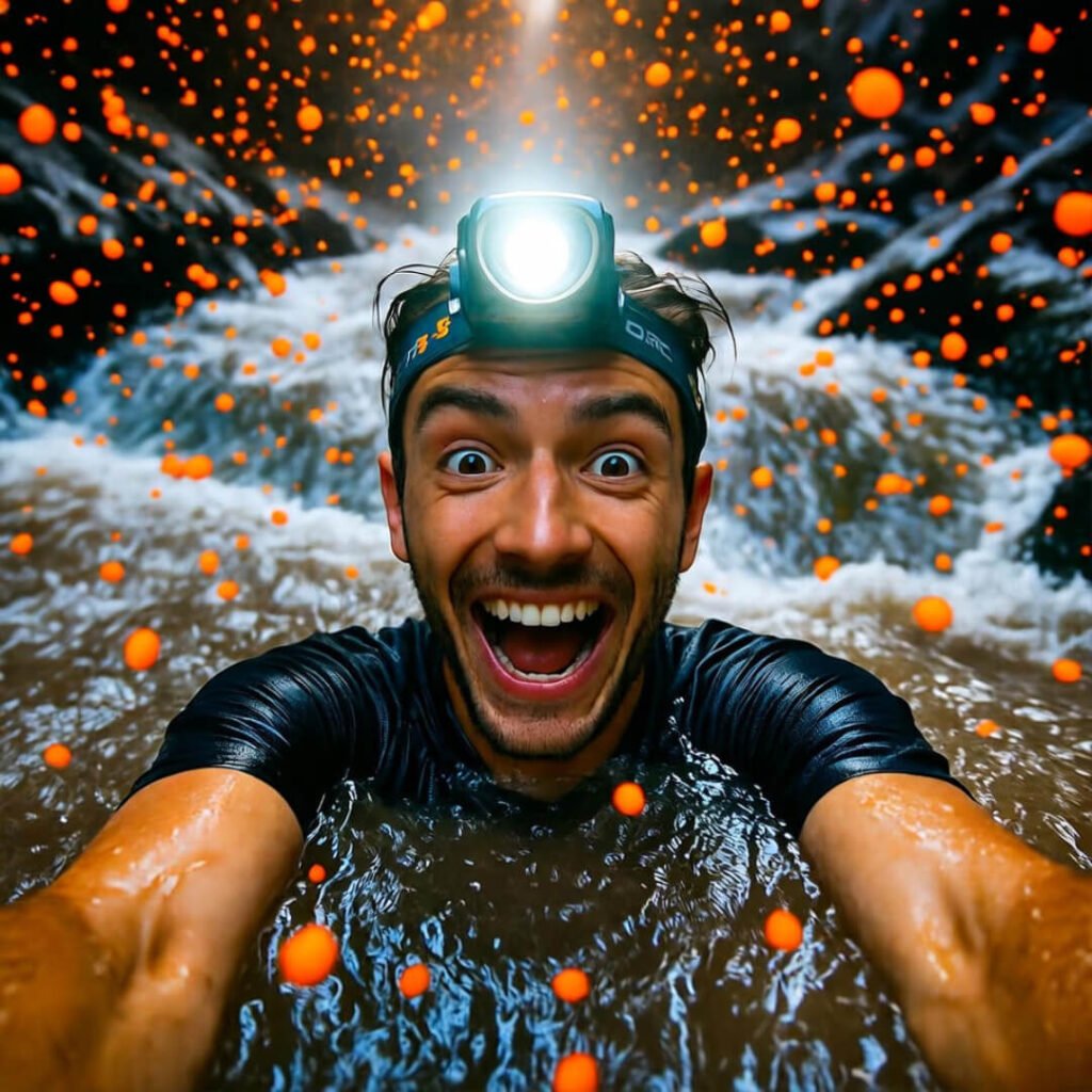 Selfie in flash flood, Cheetos floating.