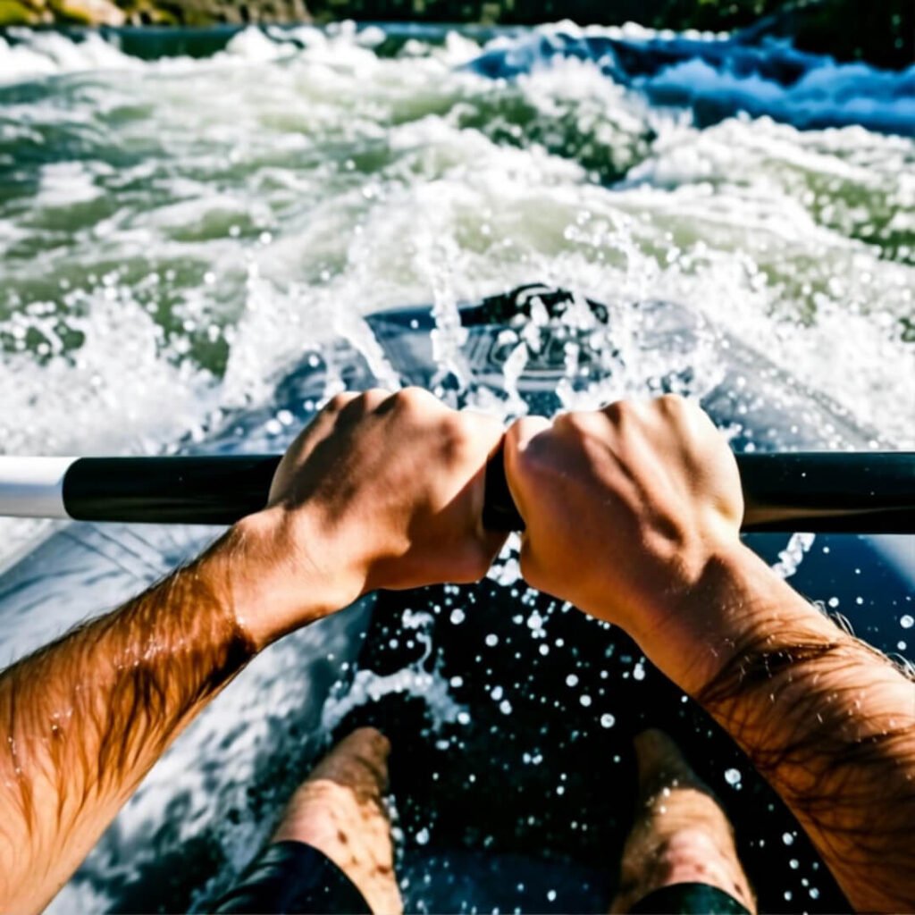 Raft bottom view of foaming rapids.