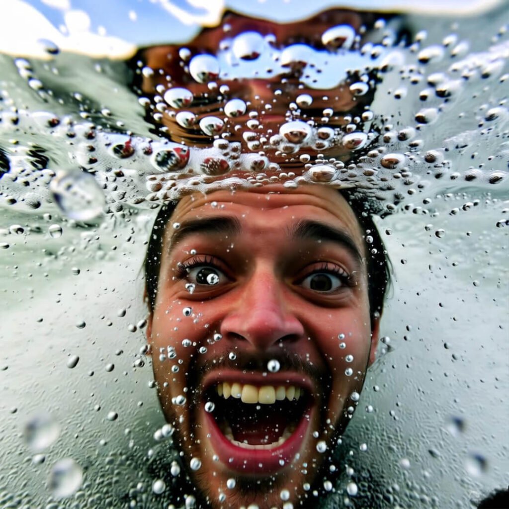 Underwater wakeboard wipeout, bubbles and laugh.