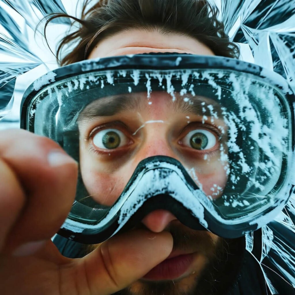 Panicked eyes in cracked goggles, ice wall
