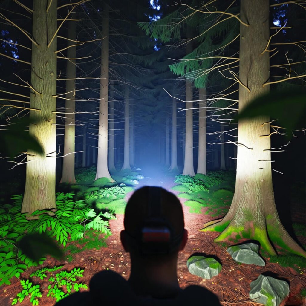 Headlamp lights dark forest sprint.