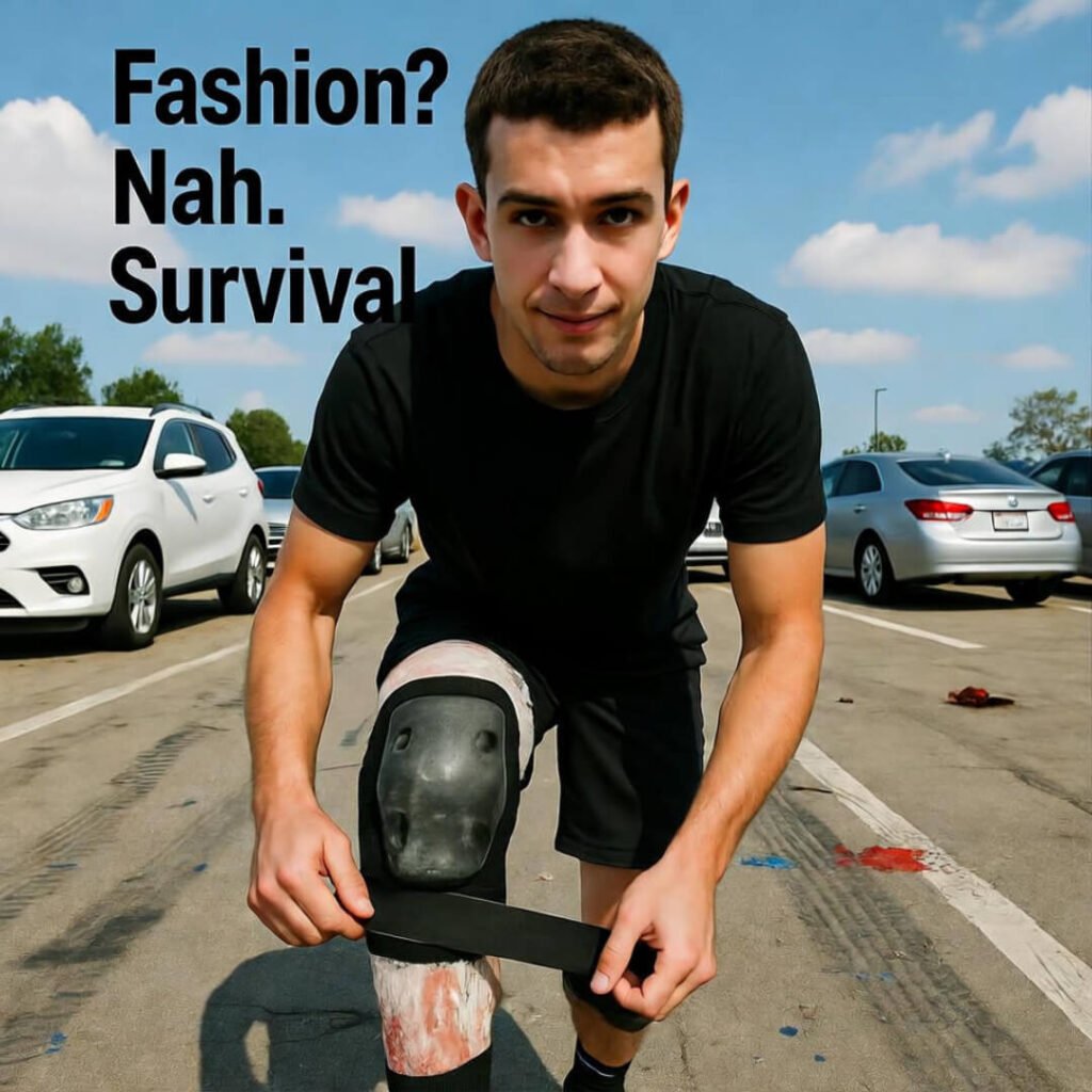 Strapping knee pads over scabbed knee.