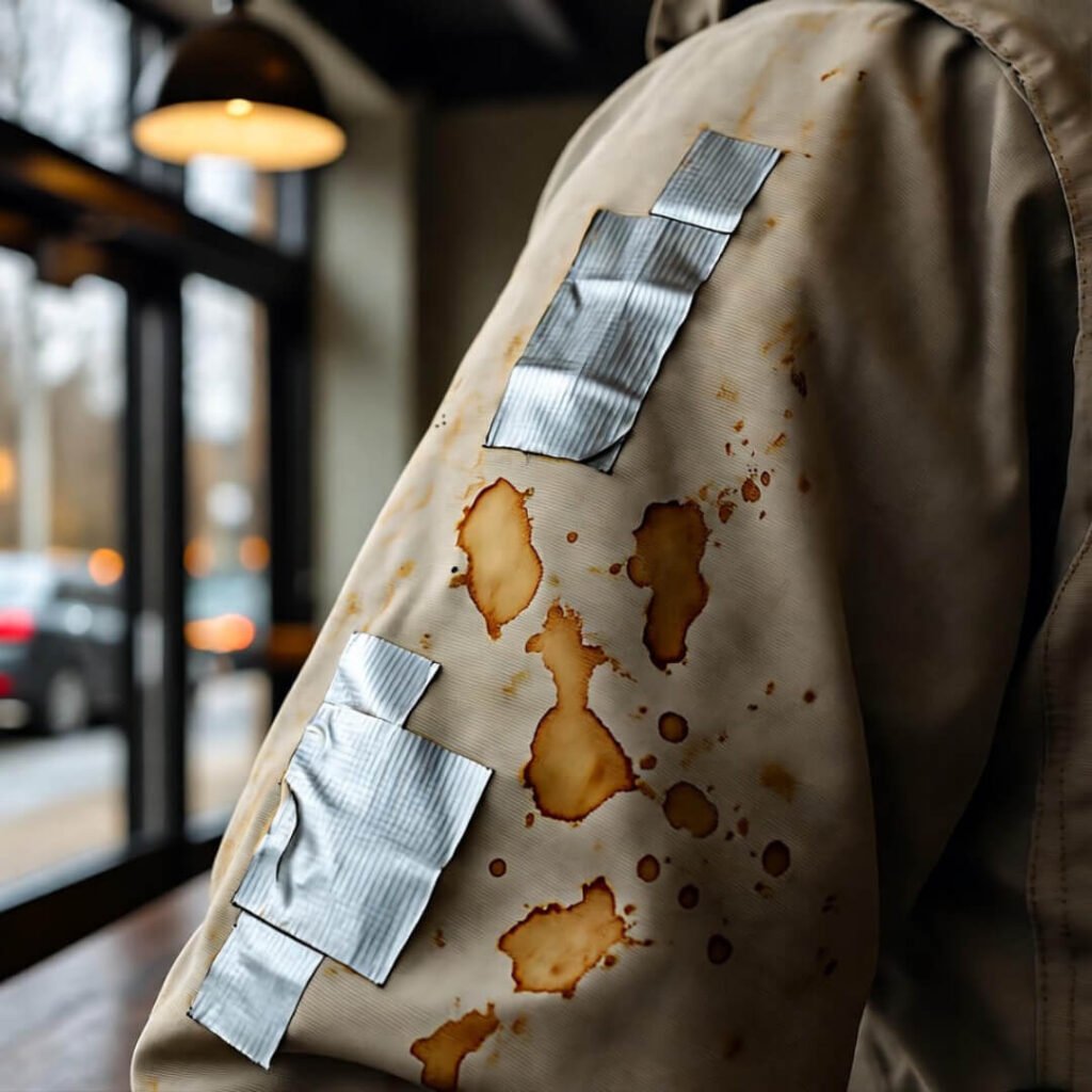 Duct-taped sleeve with coffee stains.