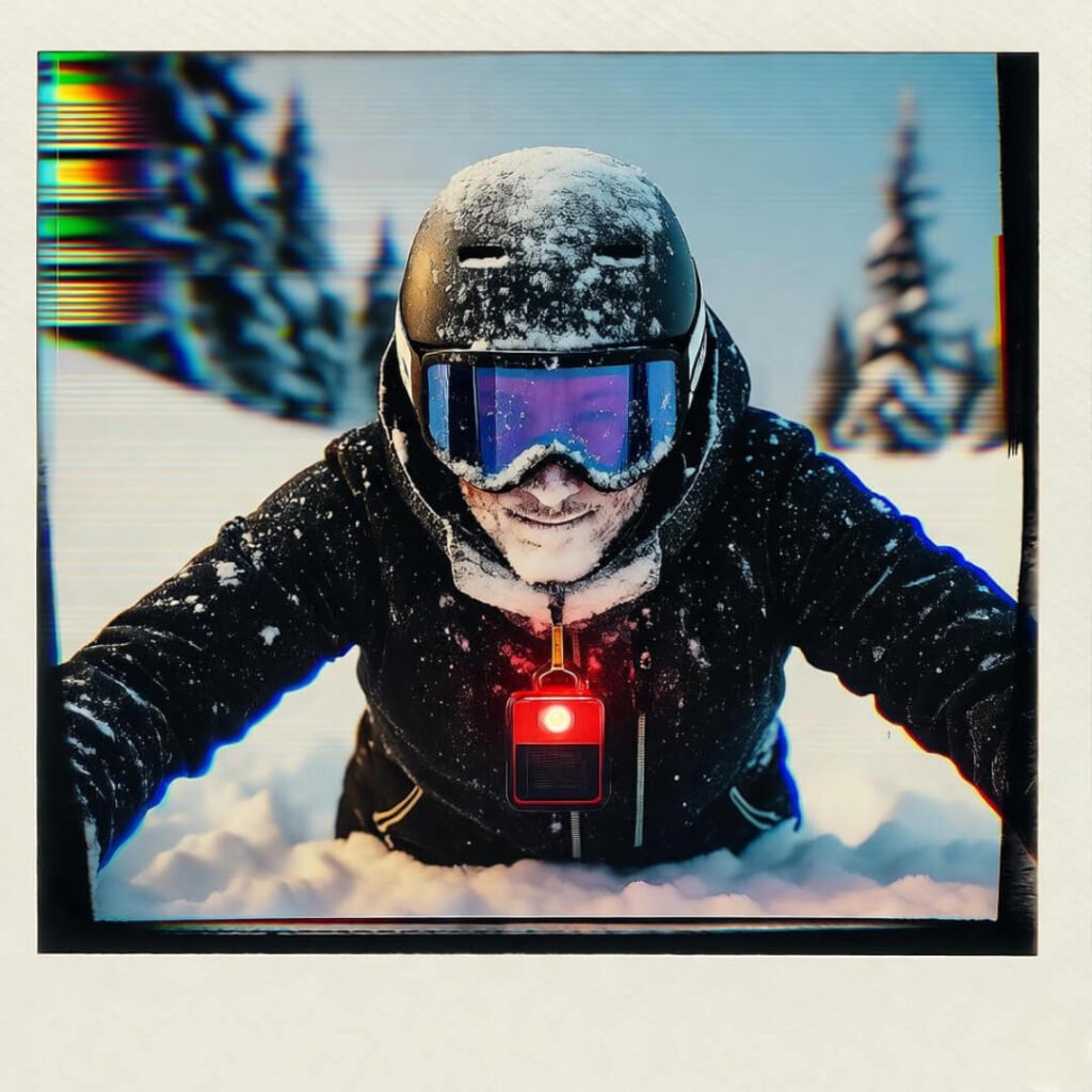 Snow face-plant, beacon blinking mid-wipeout.