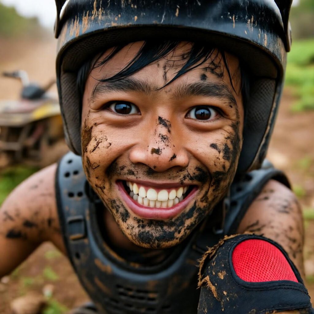 Mud-splattered selfie, torn knee, crashed quad.