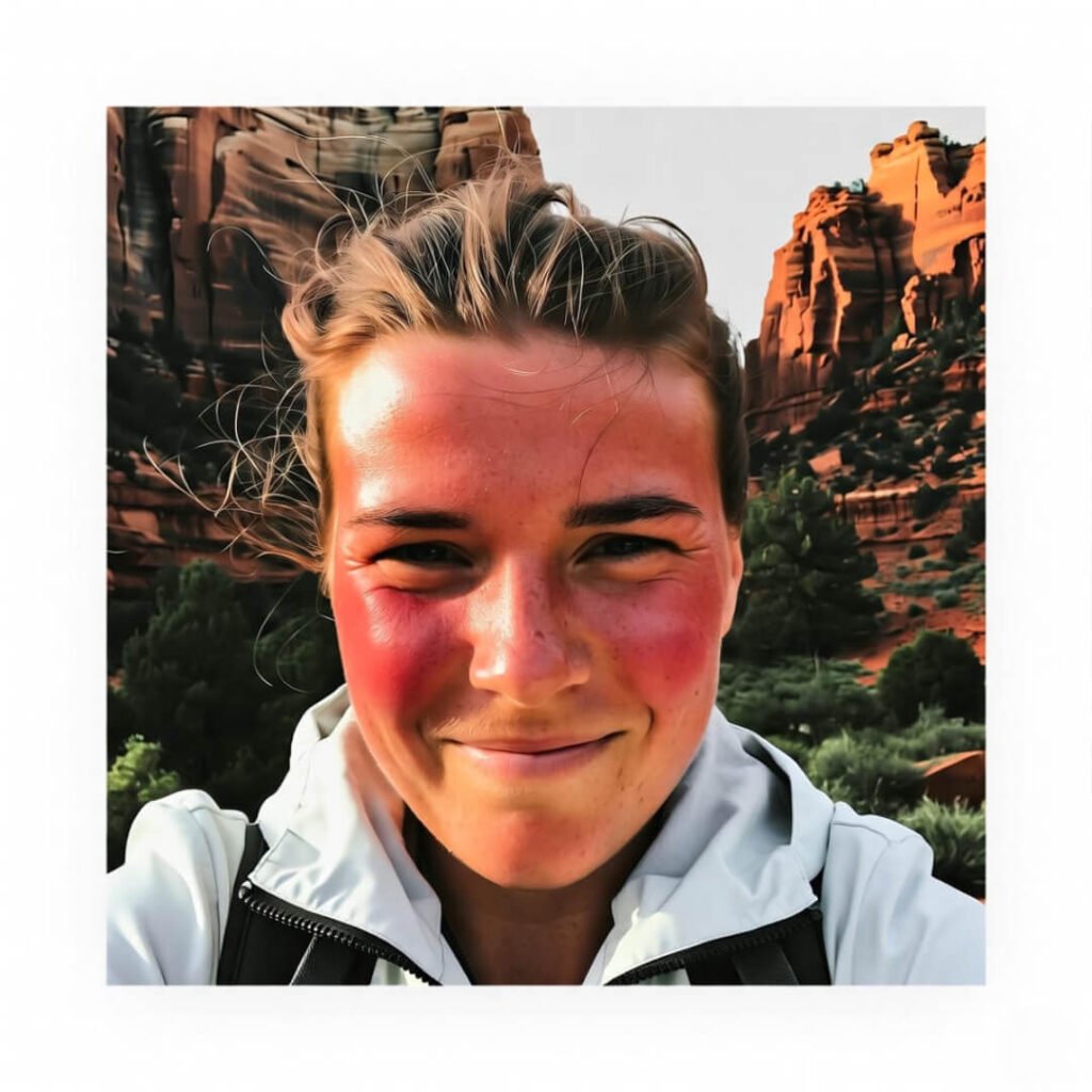 Windburned squint post-bungee, red cliffs blur.