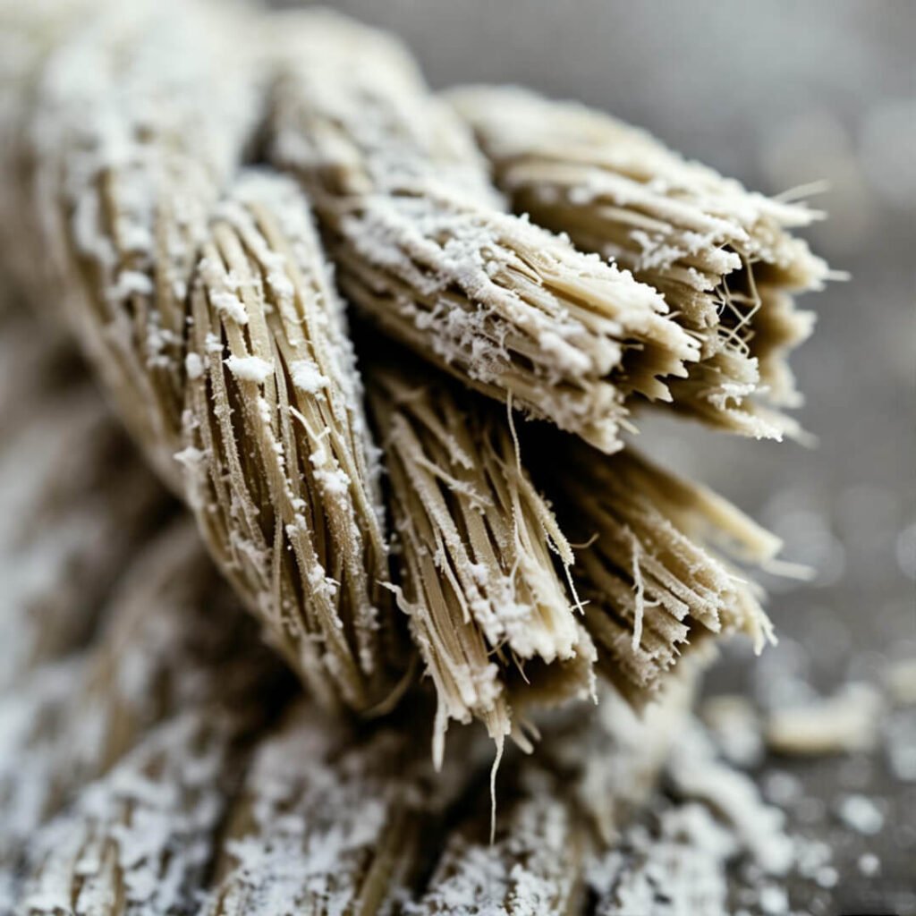 Frayed rope end caked with chalk dust.