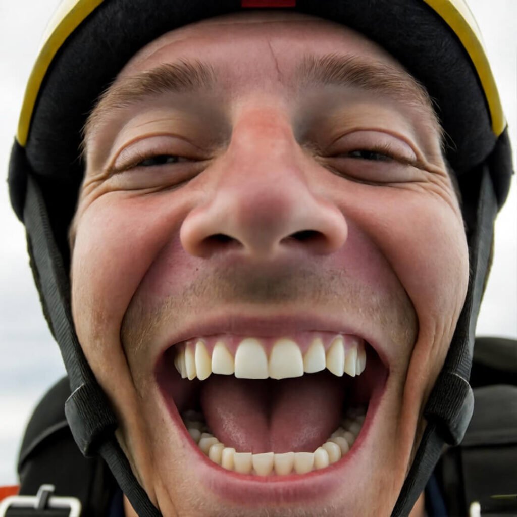 Wind-blasted skydiver grinning in thrilling freefall.