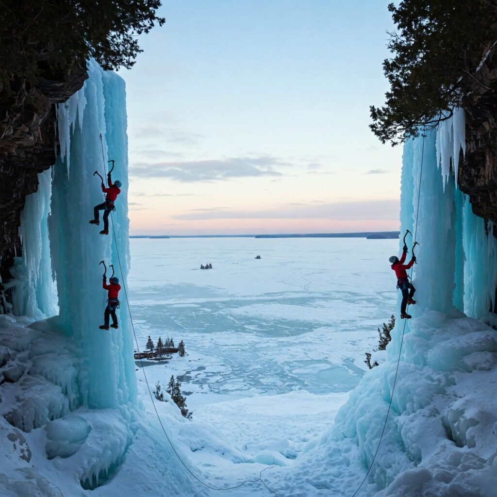 Ice Climbers Ascend Frozen Falls