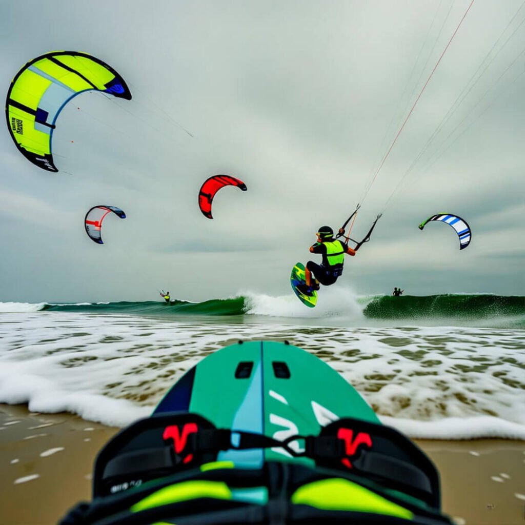 Kiteboarding frenzy at Hatteras from my soggy, sand-caked view.