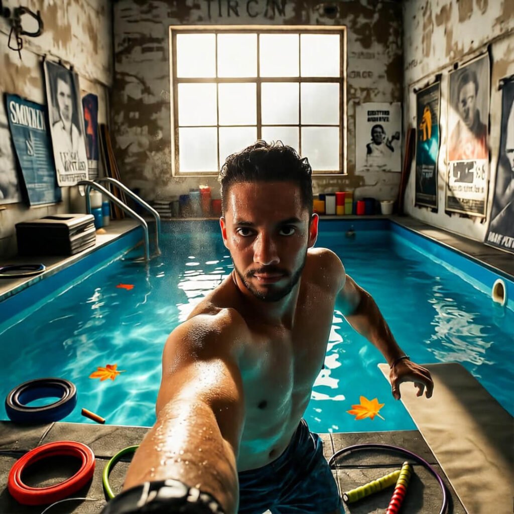 Sweaty burpee selfie by pool, peeling posters fade.