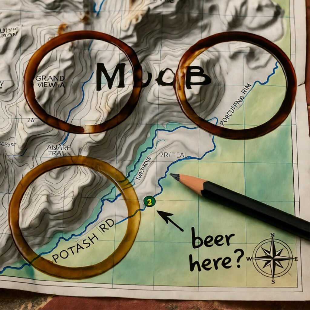 Coffee-stained Moab map, “beer here?”