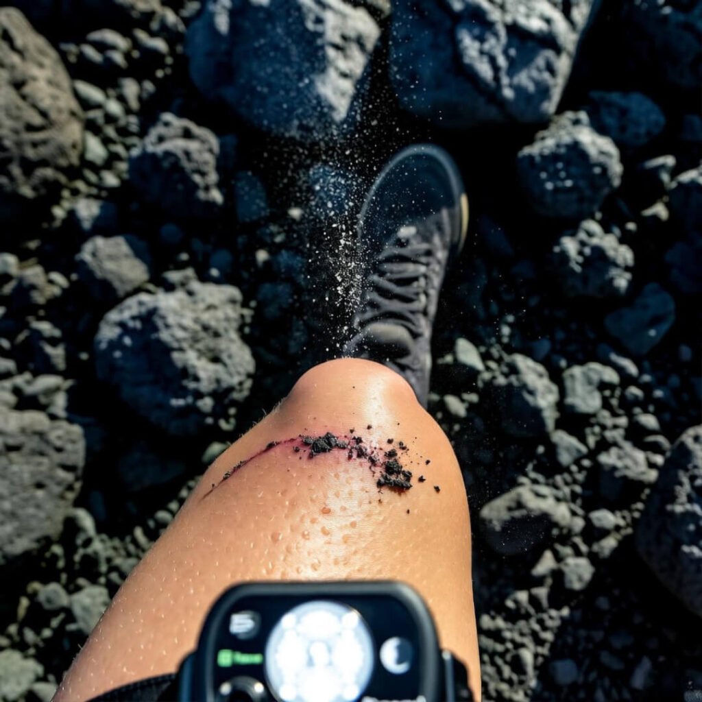 Scraped knee crawls volcanic cave floor.