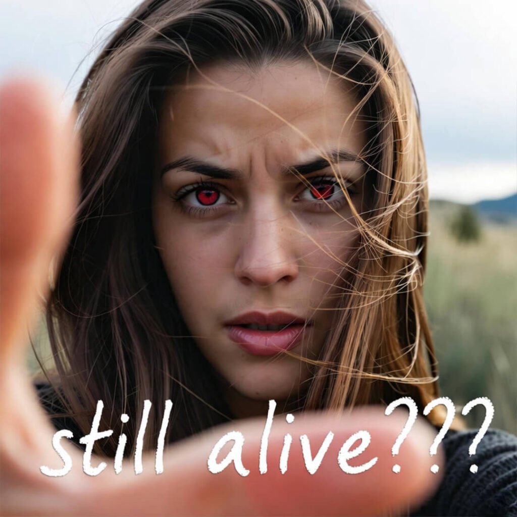 Wind-blasted face, red eyes, “still alive???” Sharpie.