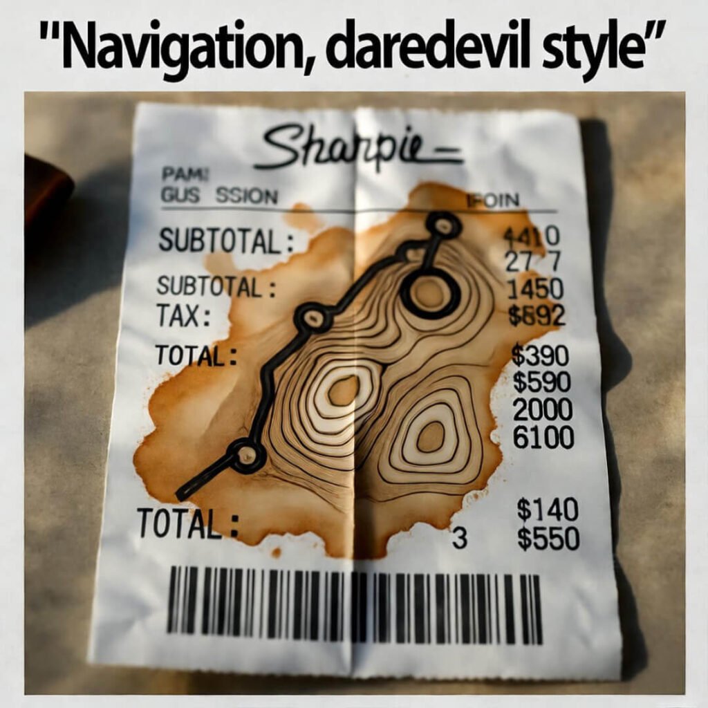 Coffee-stained receipt with Sharpie route map.