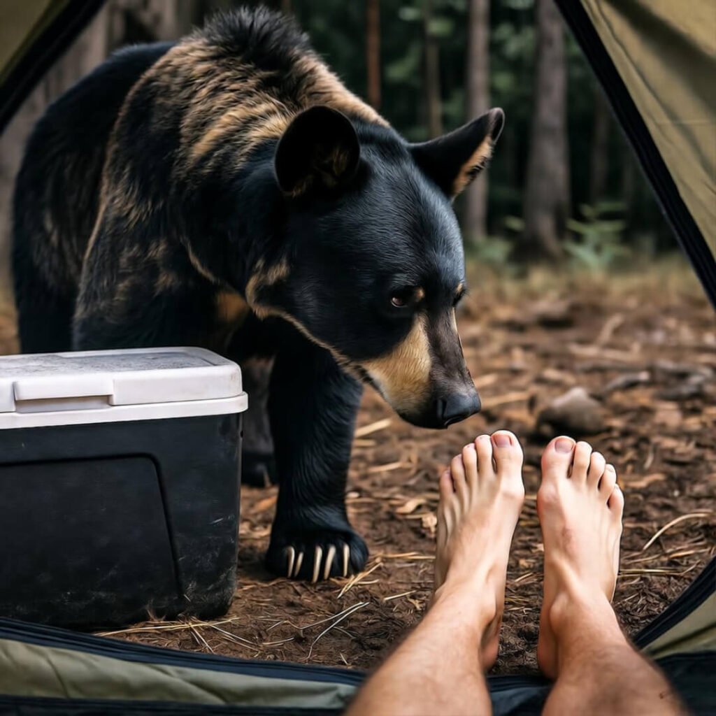 Bear at cooler, legs from tent.
