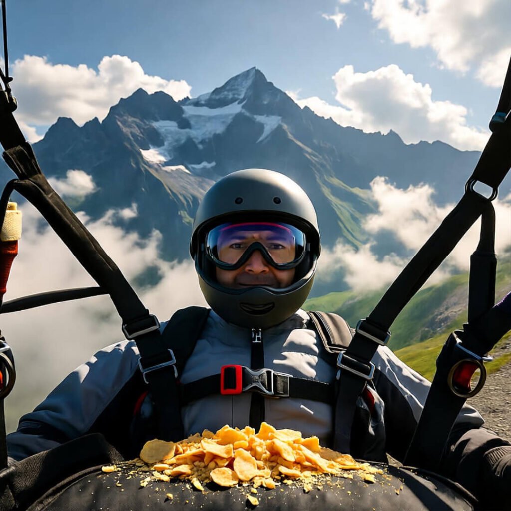 Paragliding over Alps with snack crumbs.