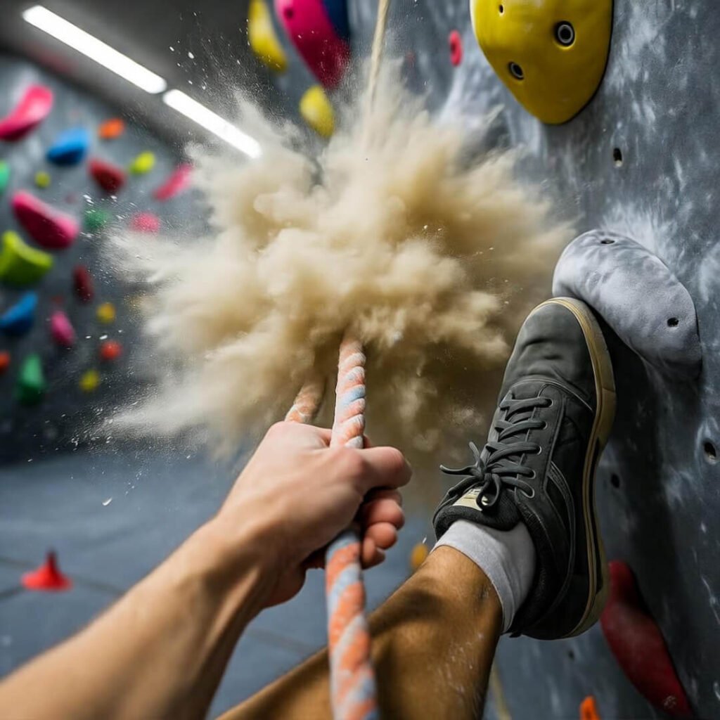 Belayer’s POV: chalk cloud, slipping shoe.