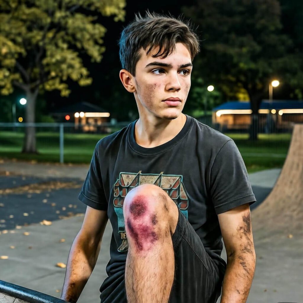 Scraped knee at ramp edge, park lights.