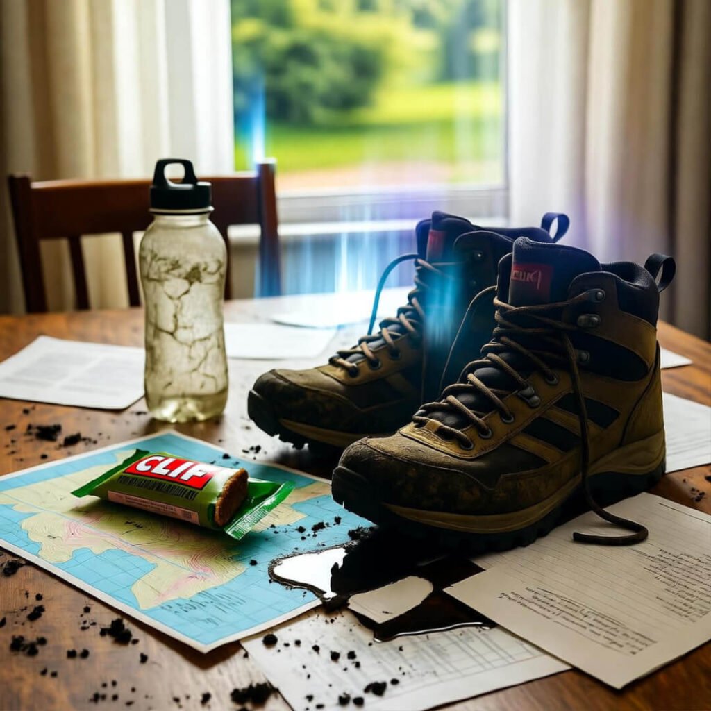 Muddy boots, Clif bar, messy table
