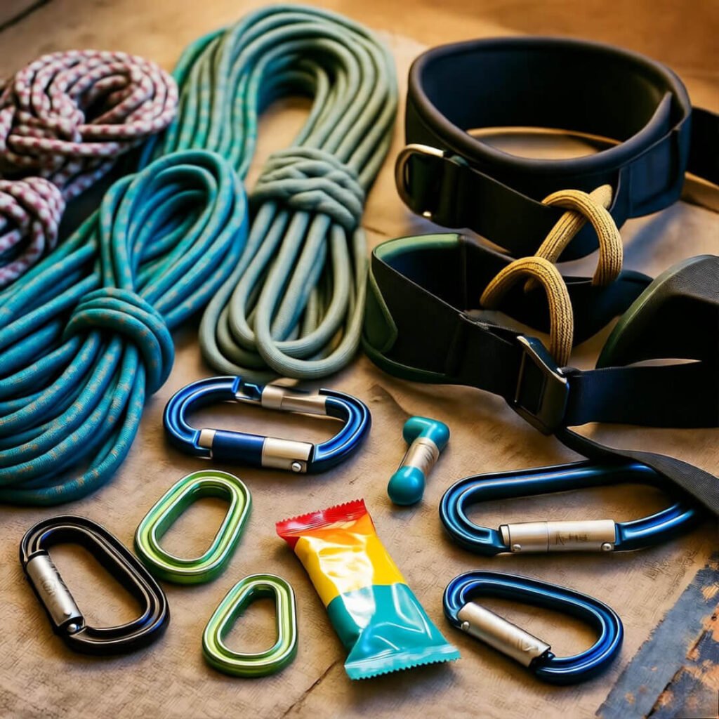 Tangled ropes, harnesses, energy bar mess.