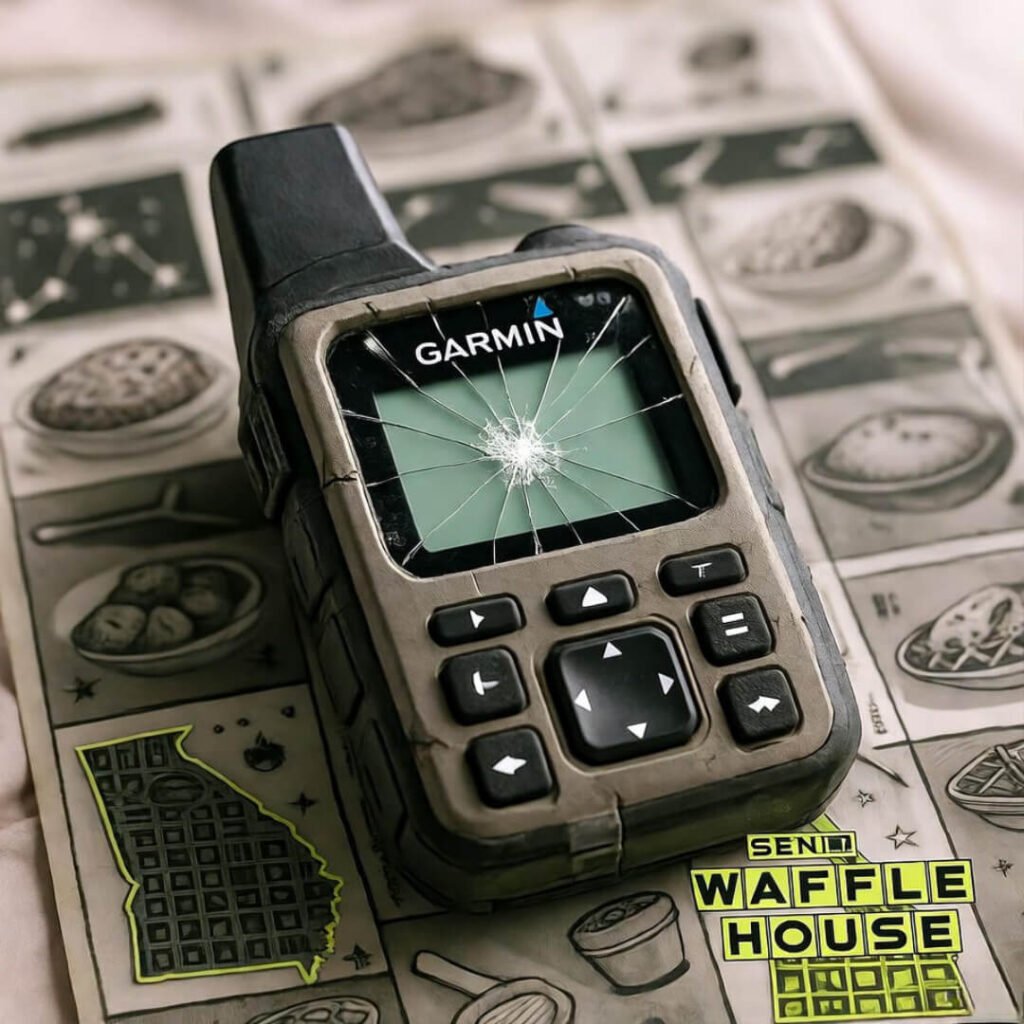 Cracked Garmin on Waffle House placemat.