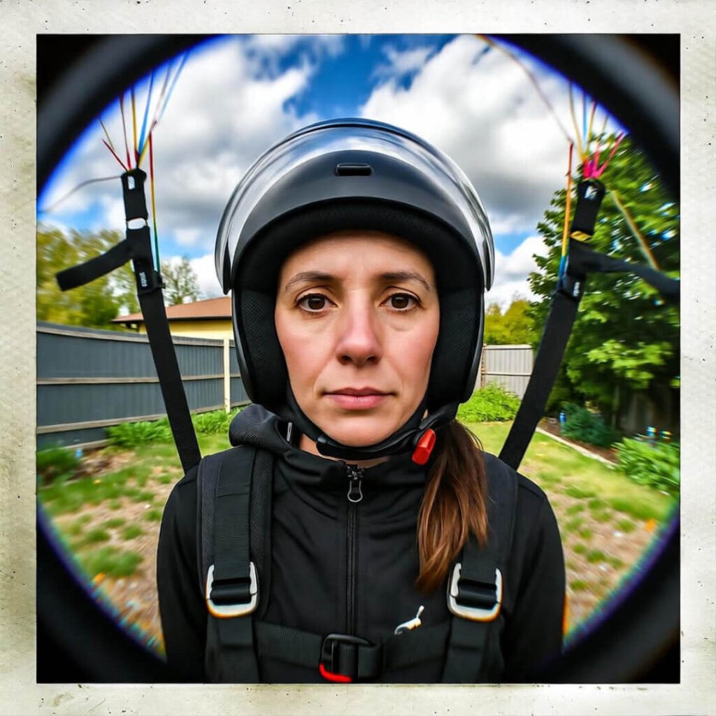 Fisheye noob in paraglider harness, backyard test.