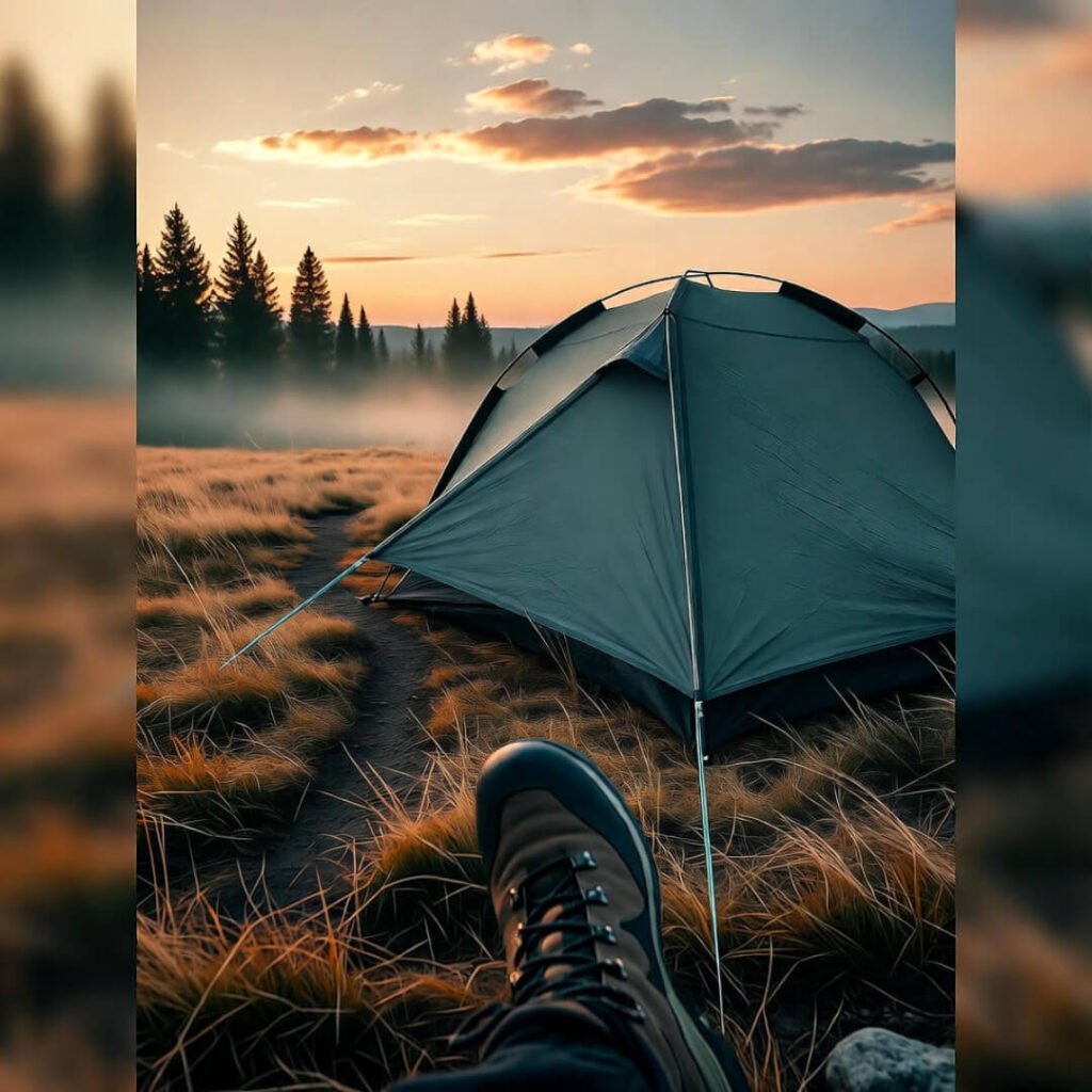 Leaning tent at sunrise, sloped regret.