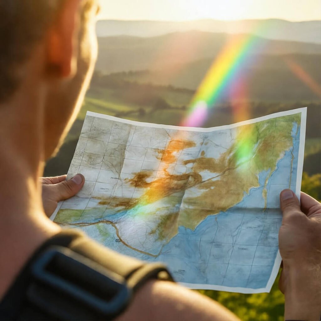 Map flutters mid-drop, sun flare.