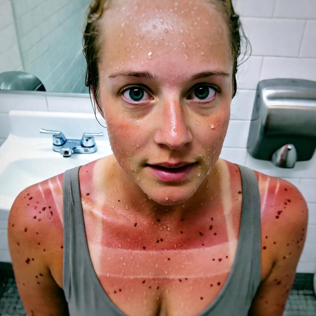 Sunburned thighs with harness marks in mirror.